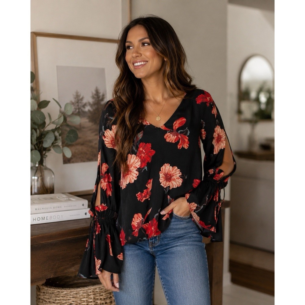 Leith Women's Small Floral Blouse Black Bell Sleeve Cut Out Tie Sleeve Boho‎ Top